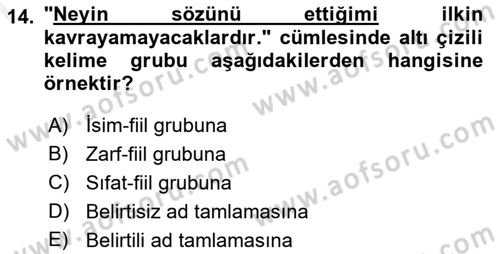 Türkçe Cümle Bilgisi 1 Dersi 2018 - 2019 Yılı (Final) Dönem Sonu Sınav Soruları 14. Soru