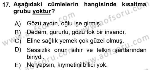 Türkçe Cümle Bilgisi 1 Dersi 2018 - 2019 Yılı (Final) Dönem Sonu Sınav Soruları 17. Soru