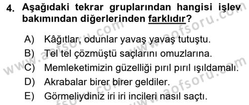 Türkçe Cümle Bilgisi 1 Dersi 2018 - 2019 Yılı (Final) Dönem Sonu Sınav Soruları 4. Soru