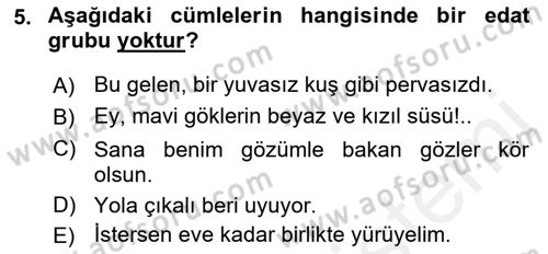 Türkçe Cümle Bilgisi 1 Dersi 2018 - 2019 Yılı (Final) Dönem Sonu Sınav Soruları 5. Soru