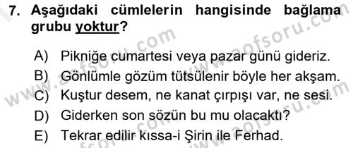 Türkçe Cümle Bilgisi 1 Dersi 2018 - 2019 Yılı (Final) Dönem Sonu Sınav Soruları 7. Soru