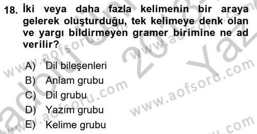 Türkçe Cümle Bilgisi 1 Dersi 2018 - 2019 Yılı Yaz Okulu Sınav Soruları 18. Soru