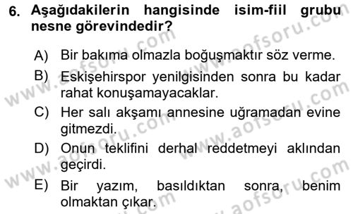 Türkçe Cümle Bilgisi 1 Dersi 2018 - 2019 Yılı Yaz Okulu Sınav Soruları 6. Soru