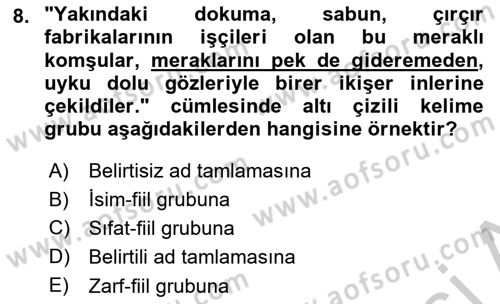 Türkçe Cümle Bilgisi 1 Dersi 2018 - 2019 Yılı Yaz Okulu Sınav Soruları 8. Soru
