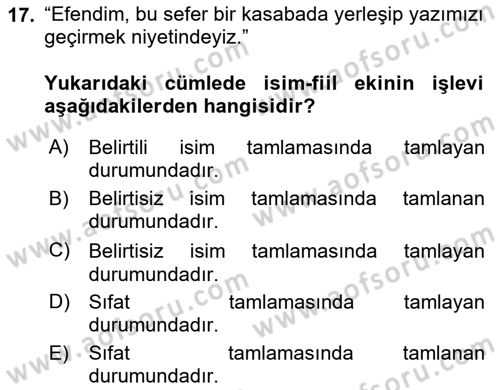 Türkçe Cümle Bilgisi 1 Dersi Ara Sınavı Deneme Sınav Soruları 17. Soru