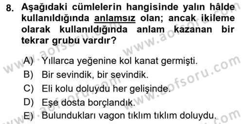Türkçe Cümle Bilgisi 1 Dersi Ara Sınavı Deneme Sınav Soruları 8. Soru