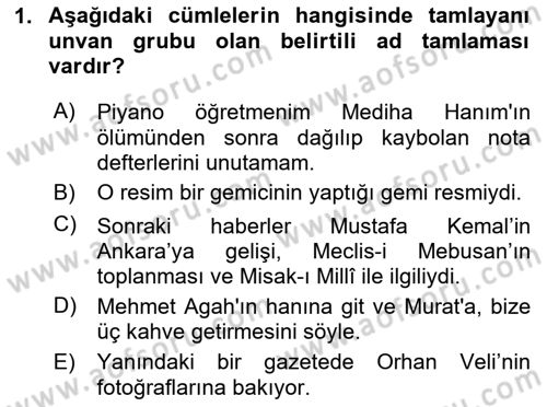 Türkçe Cümle Bilgisi 1 Dersi 2020 - 2021 Yılı Yaz Okulu Sınav Soruları 1. Soru