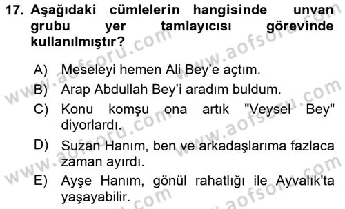 Türkçe Cümle Bilgisi 1 Dersi 2020 - 2021 Yılı Yaz Okulu Sınav Soruları 17. Soru