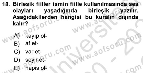 Türkçe Cümle Bilgisi 1 Dersi 2020 - 2021 Yılı Yaz Okulu Sınav Soruları 18. Soru