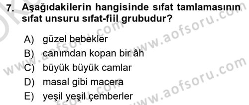 Türkçe Cümle Bilgisi 1 Dersi 2020 - 2021 Yılı Yaz Okulu Sınav Soruları 7. Soru