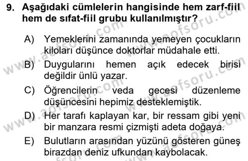 Türkçe Cümle Bilgisi 1 Dersi 2020 - 2021 Yılı Yaz Okulu Sınav Soruları 9. Soru