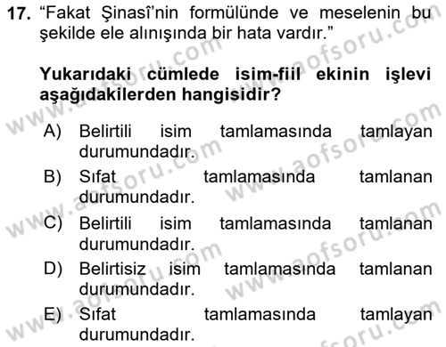 Türkçe Cümle Bilgisi 1 Dersi 2021 - 2022 Yılı (Vize) Ara Sınav Soruları 17. Soru
