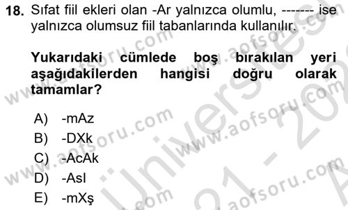 Türkçe Cümle Bilgisi 1 Dersi 2021 - 2022 Yılı (Vize) Ara Sınav Soruları 18. Soru