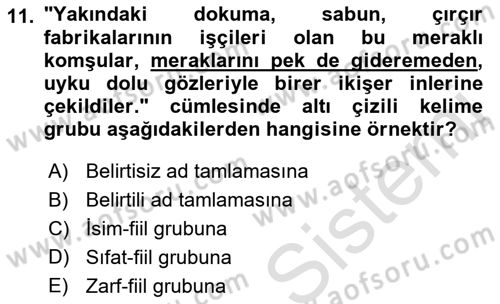 Türkçe Cümle Bilgisi 1 Dersi 2021 - 2022 Yılı (Final) Dönem Sonu Sınav Soruları 11. Soru