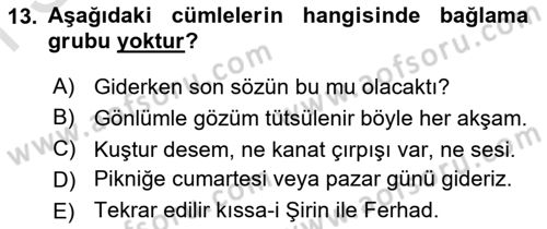 Türkçe Cümle Bilgisi 1 Dersi 2021 - 2022 Yılı (Final) Dönem Sonu Sınav Soruları 13. Soru