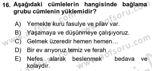 Türkçe Cümle Bilgisi 1 Dersi 2021 - 2022 Yılı (Final) Dönem Sonu Sınav Soruları 16. Soru