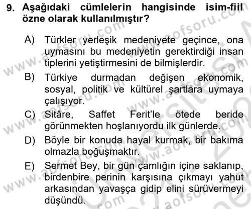 Türkçe Cümle Bilgisi 1 Dersi 2021 - 2022 Yılı (Final) Dönem Sonu Sınav Soruları 9. Soru