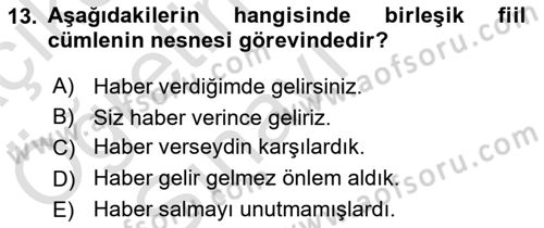 Türkçe Cümle Bilgisi 1 Dersi 2021 - 2022 Yılı Yaz Okulu Sınav Soruları 13. Soru
