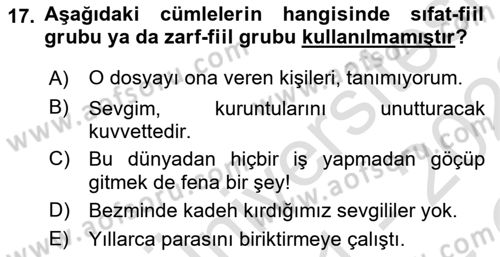 Türkçe Cümle Bilgisi 1 Dersi 2021 - 2022 Yılı Yaz Okulu Sınav Soruları 17. Soru