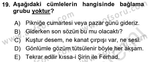Türkçe Cümle Bilgisi 1 Dersi 2021 - 2022 Yılı Yaz Okulu Sınav Soruları 19. Soru