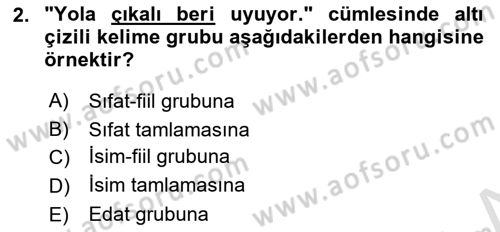 Türkçe Cümle Bilgisi 1 Dersi 2021 - 2022 Yılı Yaz Okulu Sınav Soruları 2. Soru