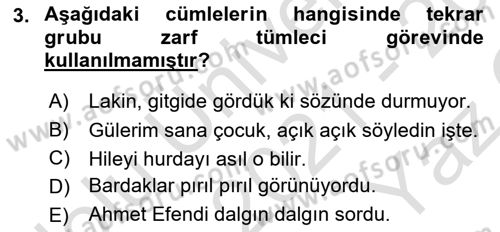 Türkçe Cümle Bilgisi 1 Dersi 2021 - 2022 Yılı Yaz Okulu Sınav Soruları 3. Soru