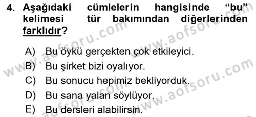 Türkçe Cümle Bilgisi 1 Dersi 2021 - 2022 Yılı Yaz Okulu Sınav Soruları 4. Soru