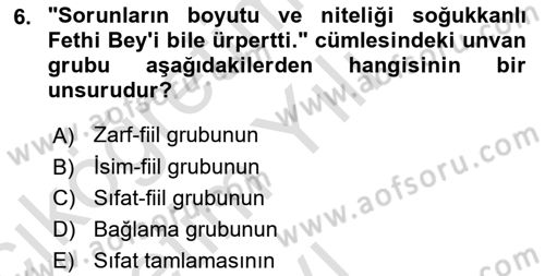 Türkçe Cümle Bilgisi 1 Dersi 2021 - 2022 Yılı Yaz Okulu Sınav Soruları 6. Soru