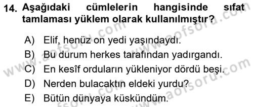 Türkçe Cümle Bilgisi 1 Dersi 2022 - 2023 Yılı (Vize) Ara Sınav Soruları 14. Soru