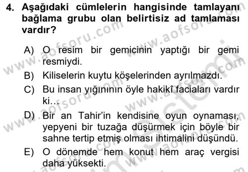 Türkçe Cümle Bilgisi 1 Dersi 2022 - 2023 Yılı (Vize) Ara Sınav Soruları 4. Soru