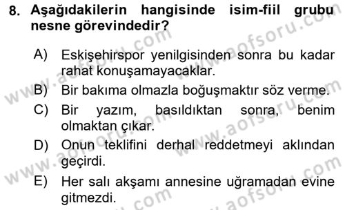 Türkçe Cümle Bilgisi 1 Dersi 2022 - 2023 Yılı (Vize) Ara Sınav Soruları 8. Soru