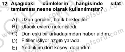Türkçe Cümle Bilgisi 1 Dersi 2022 - 2023 Yılı (Final) Dönem Sonu Sınav Soruları 12. Soru