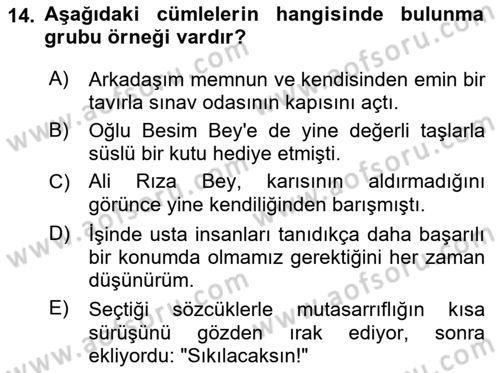 Türkçe Cümle Bilgisi 1 Dersi 2022 - 2023 Yılı (Final) Dönem Sonu Sınav Soruları 14. Soru