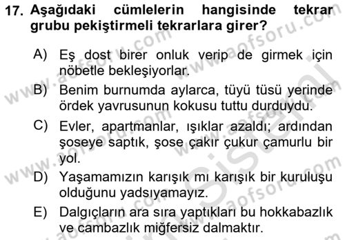 Türkçe Cümle Bilgisi 1 Dersi 2022 - 2023 Yılı (Final) Dönem Sonu Sınav Soruları 17. Soru