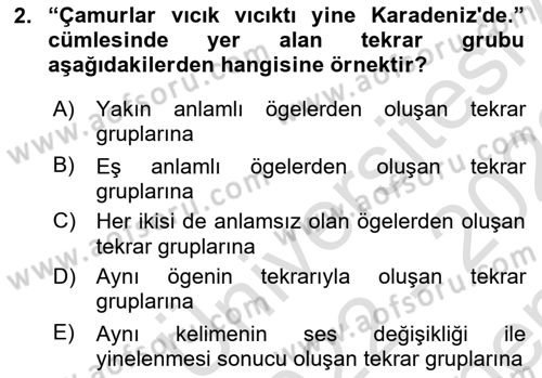 Türkçe Cümle Bilgisi 1 Dersi 2022 - 2023 Yılı (Final) Dönem Sonu Sınav Soruları 2. Soru