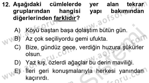 Türkçe Cümle Bilgisi 1 Dersi 2022 - 2023 Yılı Yaz Okulu Sınav Soruları 12. Soru