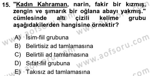 Türkçe Cümle Bilgisi 1 Dersi 2022 - 2023 Yılı Yaz Okulu Sınav Soruları 15. Soru