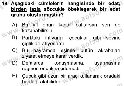 Türkçe Cümle Bilgisi 1 Dersi 2022 - 2023 Yılı Yaz Okulu Sınav Soruları 18. Soru
