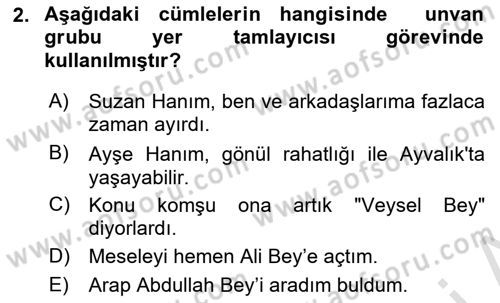 Türkçe Cümle Bilgisi 1 Dersi 2022 - 2023 Yılı Yaz Okulu Sınav Soruları 2. Soru