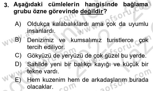Türkçe Cümle Bilgisi 1 Dersi 2022 - 2023 Yılı Yaz Okulu Sınav Soruları 3. Soru