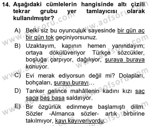 Türkçe Cümle Bilgisi 1 Dersi 2023 - 2024 Yılı (Vize) Ara Sınav Soruları 14. Soru