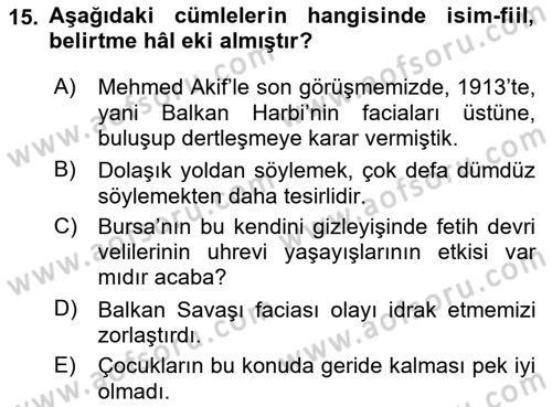Türkçe Cümle Bilgisi 1 Dersi 2023 - 2024 Yılı (Vize) Ara Sınav Soruları 15. Soru