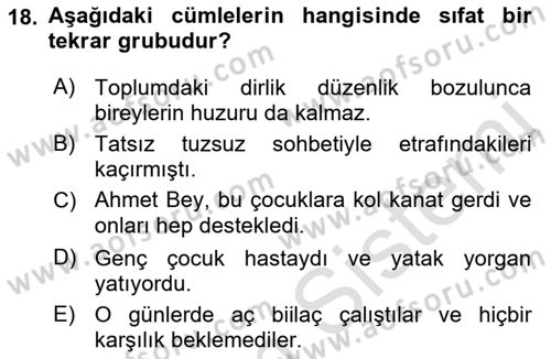 Türkçe Cümle Bilgisi 1 Dersi 2023 - 2024 Yılı (Vize) Ara Sınav Soruları 18. Soru