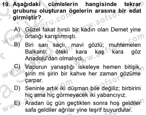 Türkçe Cümle Bilgisi 1 Dersi 2023 - 2024 Yılı (Vize) Ara Sınav Soruları 19. Soru