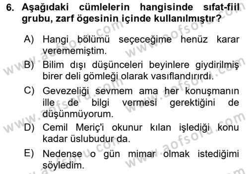 Türkçe Cümle Bilgisi 1 Dersi 2023 - 2024 Yılı (Vize) Ara Sınav Soruları 6. Soru