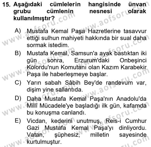 Türkçe Cümle Bilgisi 1 Dersi 2023 - 2024 Yılı (Final) Dönem Sonu Sınav Soruları 15. Soru