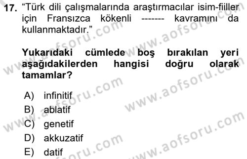 Türkçe Cümle Bilgisi 1 Dersi 2023 - 2024 Yılı (Final) Dönem Sonu Sınav Soruları 17. Soru