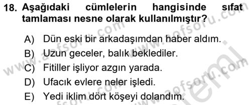 Türkçe Cümle Bilgisi 1 Dersi 2023 - 2024 Yılı (Final) Dönem Sonu Sınav Soruları 18. Soru