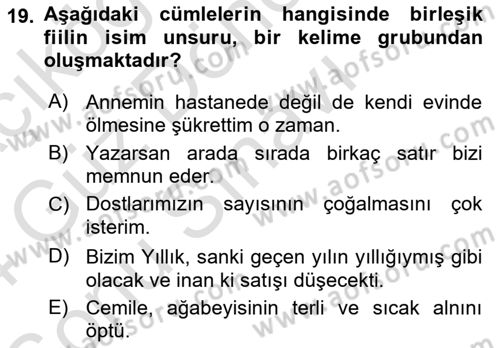 Türkçe Cümle Bilgisi 1 Dersi 2023 - 2024 Yılı (Final) Dönem Sonu Sınav Soruları 19. Soru