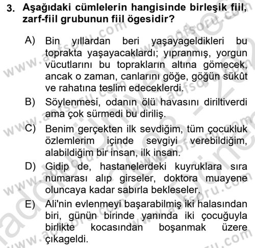 Türkçe Cümle Bilgisi 1 Dersi 2023 - 2024 Yılı (Final) Dönem Sonu Sınav Soruları 3. Soru